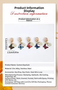 Detail view of colorful butterfly and daisy keychain made of zinc alloy and stainless steel