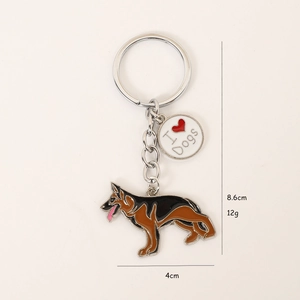 German Shepherd alloy keychain with I Love Dogs pendant and metal ring in gold finish