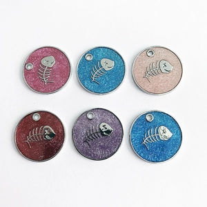 Round Glitter Pet ID Tag With Fishbone Pattern Metal Alloy Anti-Lost Dog Cat Name Plate Pendant Decorative Collar Accessory