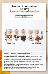 Detail view of cartoon dog alloy charms with heart rings and size specifications