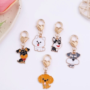 Cartoon dog charms with golden heart clasps for DIY keychain and bag accessories