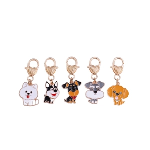 Set of 5 cartoon alloy dog charms with golden heart clasps for DIY jewelry and keychain decor