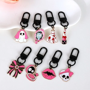 Pink Halloween Enamel Metal Keychain Gothic Ghost Skull Lipstick Bow Pendant Creative Bag Accessory Women Jewelry Gift