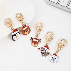 Porte-clés de Noël en émail avec ours et pingouin mignons et fermoir mousqueton doré en cœur