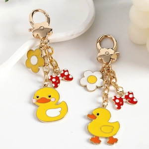 Cute Little Yellow Duck Metal Keychain Alloy Enamel Bag Pendant With Red Polka Dot Bow And Flower Key Ring Gift Jewelry
