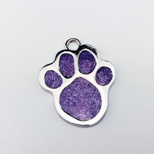 Zinc alloy pet ID tag in purple glitter paw shape with durable silver metal hook
