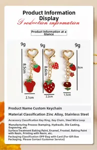 Macro detail showing strawberry keychain dimensions with enamel zinc alloy and steel materials