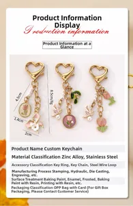 Détail du porte-clés en métal avec tulipe rose, papillon et perles, taille 8.5cm et 8g
