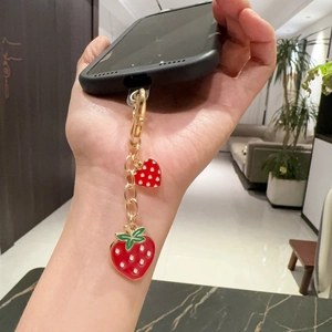 Cute strawberry metal keychain and phone charm with red enamel fruits and golden chain