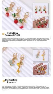 Detail of colorful fruit and animal metal keychains with imitation enamel finish