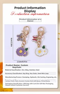 Détails du porte-clés marguerite et papillon avec dimensions précises 6cm x 2,3cm