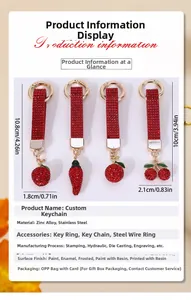 Detailed size specifications for rhinestone cherry and fruit keychain accessories