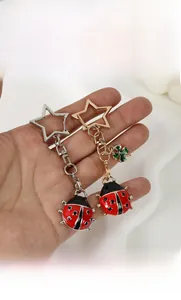 Detailed macro view of ladybug charms with lucky clover and star-shaped metal keyrings