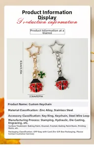 Detailed size specifications of the ladybug keychain featuring zinc alloy and enamel