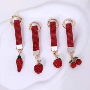Luxury Metal Rhinestone Fruit Keychain Cherry Apple Strawberry Chili Bag Charm For Women Car Key Ring Jewelry Gift
