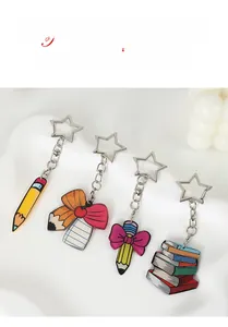 Detailed view of star-shaped metal clasps and cartoon stationery pendants for keychains