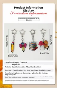 Detailed view of acrylic bow and pencil keychain set with precise size specifications
