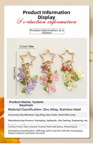 Detail showing star-shaped alloy keychains with colorful floral and butterfly pendants