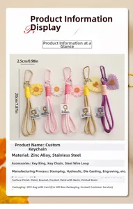 Detail view of handmade woven flower phone lanyards in various colors with metal clips