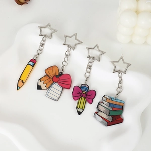 Cartoon Acrylic Stationery Keychain With Star Metal Clasp Cute Pencil Book Bow Charms For School Bag Student Gift Decor