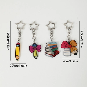 Set of four colorful acrylic cartoon stationery keychains with star-shaped metal rings