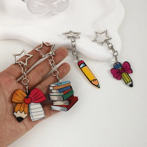 Acrylic school pencil and books keychain set with silver star clip and ribbon bow charm
