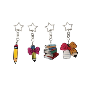 Acrylic bow pencil stationery keychains with star-shaped silver metal clasps