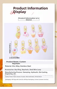 Detailed view of colorful dessert ice cream keychains showing dimensions and materials