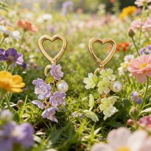 Floral heart-shaped keychains with purple and yellow flower clusters and pearls