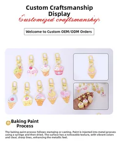Detail showing colorful baked lacquer flower and dessert charms with matching D-ring hooks