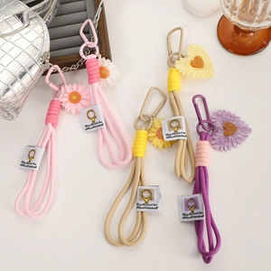 Handmade woven flower keychain phone strap with heart charm and metal carabiner hook