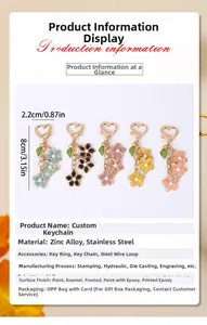 Dettaglio di portachiavi a fiori colorati in lega di zinco lunghi 8cm con confezione regalo