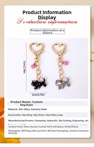 Dettaglio di portachiavi gatto in lega di zinco con pois e stelle rosa, 7x2cm