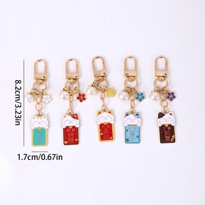 Cute lucky cat keychains set with colorful enamel finish and pearl charm ornaments