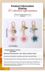 Detail view of three cherry blossom keychains in pink, purple and blue with pearls