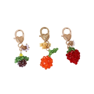 Handmade beaded fruit keychains with grape, cherry and strawberry charms and heart clasps
