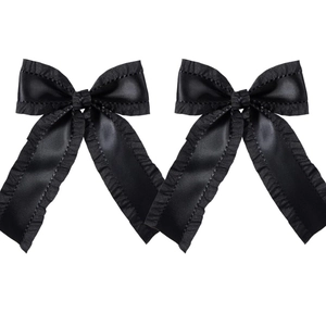 Pair of black satin ruffled bow hair clips with long streamers for women hair styling