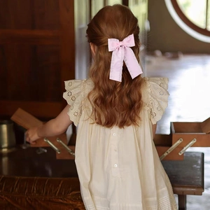 Close-up of pink ruffled bow hair clip worn by a girl in an elegant lace dress