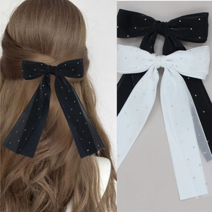 Elegant Starry Rhinestone Double Layer Bow Hair Clip With Long Ribbon For Women Sweet Fabric Bowknot Hair Accessories