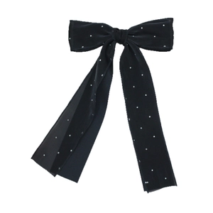 Elegant black double-layer bow hair clip with starburst pearls and long ribbons for women