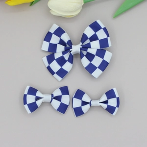 Blue and white checkered ribbon bow hair clip set with three pieces for daily hair styling