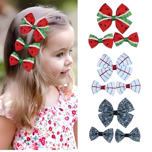 Ensemble de Barrettes à Nœud en Ruban Gros-Grain pour Filles Fait à la Main Pastèque Douce Imprimé Serpent Rayures Marine Accessoire