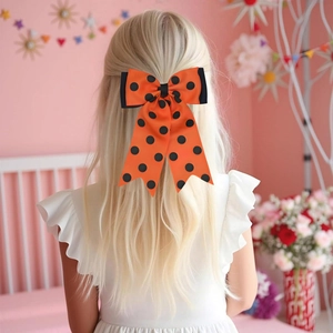 Grande barrette à cheveux nœud orange à pois noirs avec longs rubans pour filles