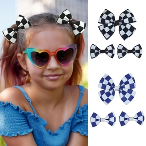 Sweet Ribbed Ribbon Checkerboard Bow Hair Clips Set For Women Girls Grid Pattern Alligator Clips Daily Hair Accessories