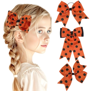 Lot de barrettes à cheveux à nœuds orange à pois pour filles en ruban gros-grain multicouche