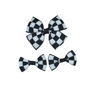 Classic black and white checkerboard grosgrain ribbon bow hair clip set for women