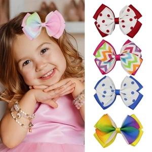 Double Layer Grosgrain Ribbon Bow Hair Clips For Kids Girls Cute Polka Dot Zigzag Rainbow Princess Hair Accessories