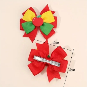 Barrette à cheveux nœud de 8cm en ruban gros-grain avec motif pomme rouge et pince métal