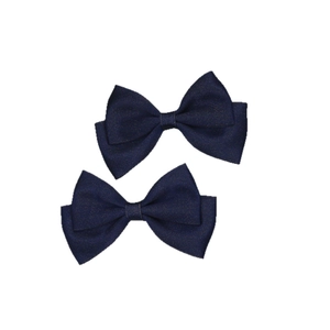 Pair of navy blue ribbed ribbon bow hair clips with gold glitter accents for girls