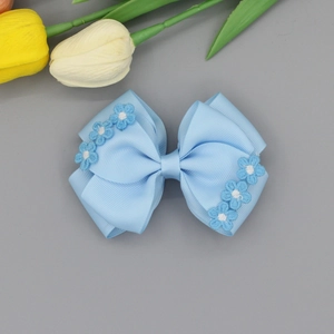 Light blue grosgrain ribbon bow hair clip with cute floral embroidery for girls